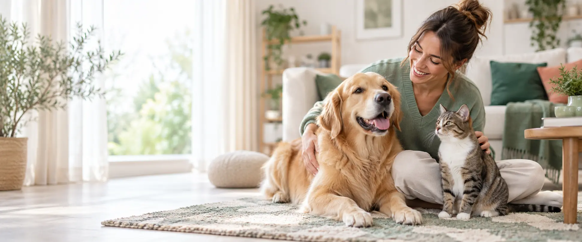 Une propriétaire heureuse avec son chien et son chat